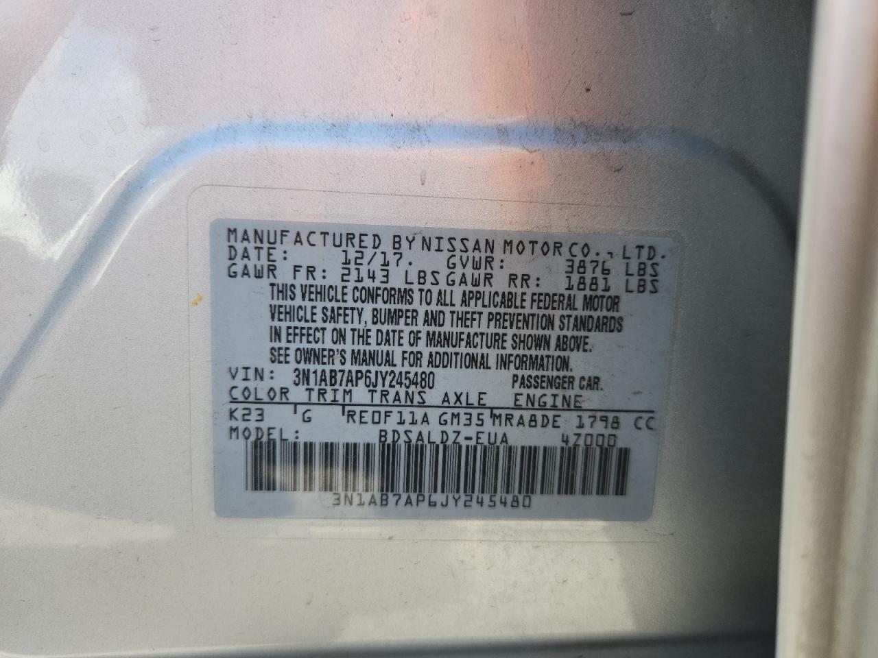 2018 Nissan Sentra S VIN: 3N1AB7AP6JY245480 Lot: 80221885