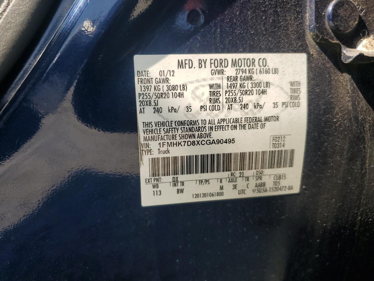 2012 Ford Explorer Xlt VIN: 1FMHK7D8XCGA90495 Lot: 70927525