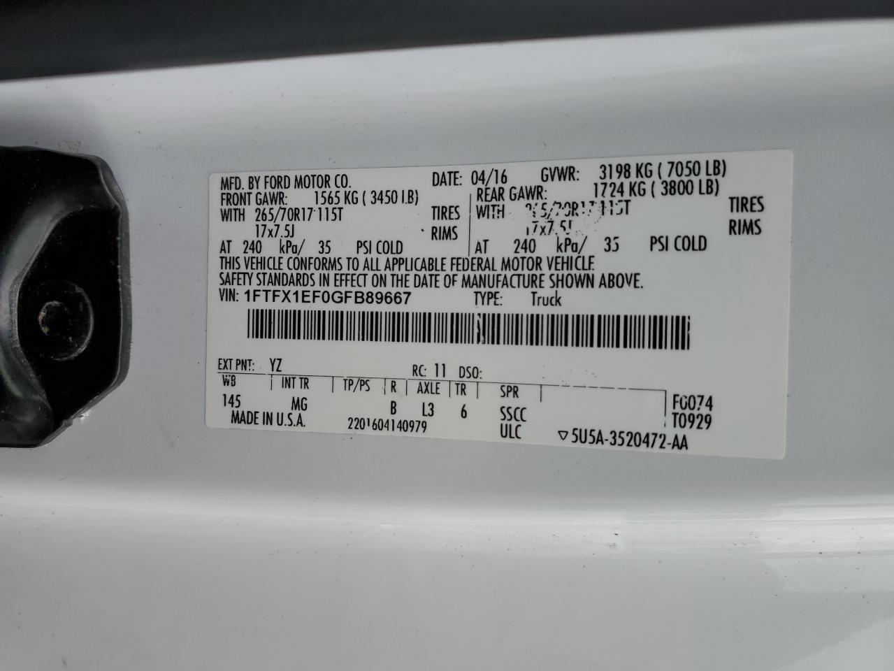 2016 Ford F150 Super Cab VIN: 1FTFX1EF0GFB89667 Lot: 70376185