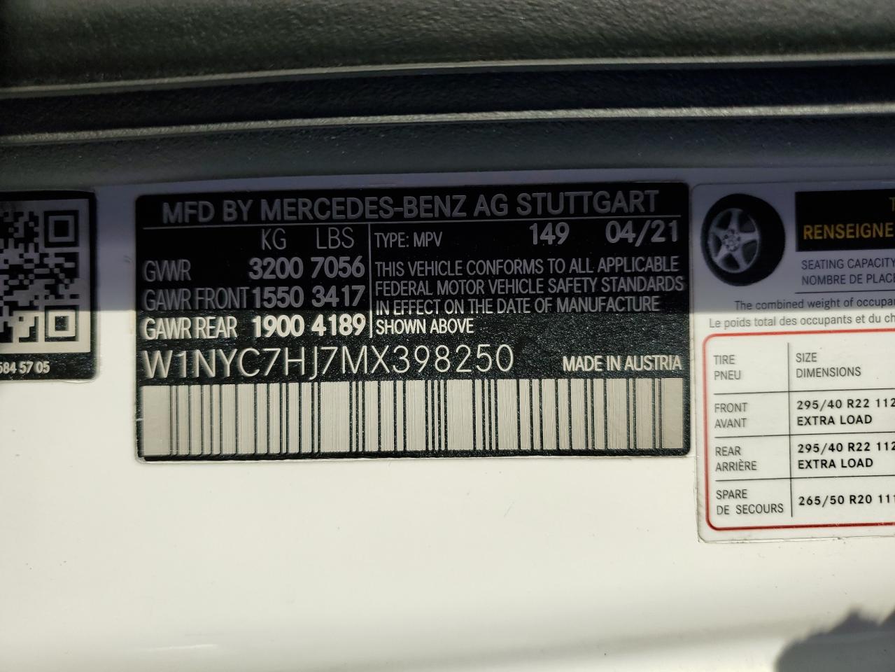 2021 Mercedes-Benz G 63 Amg VIN: W1NYC7HJ7MX398250 Lot: 84649895