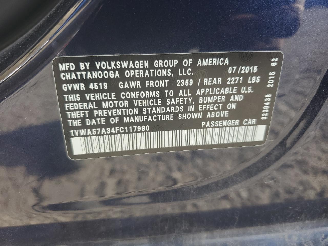 2015 Volkswagen Passat S VIN: 1VWAS7A34FC117990 Lot: 82172835