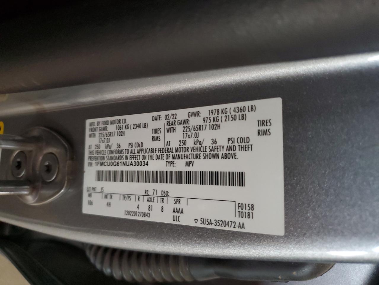 2022 Ford Escape Se VIN: 1FMCU0G61NUA30034 Lot: 69452805