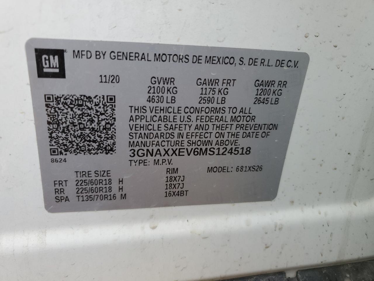 2021 Chevrolet Equinox Premier VIN: 3GNAXXEV6MS124518 Lot: 71091765