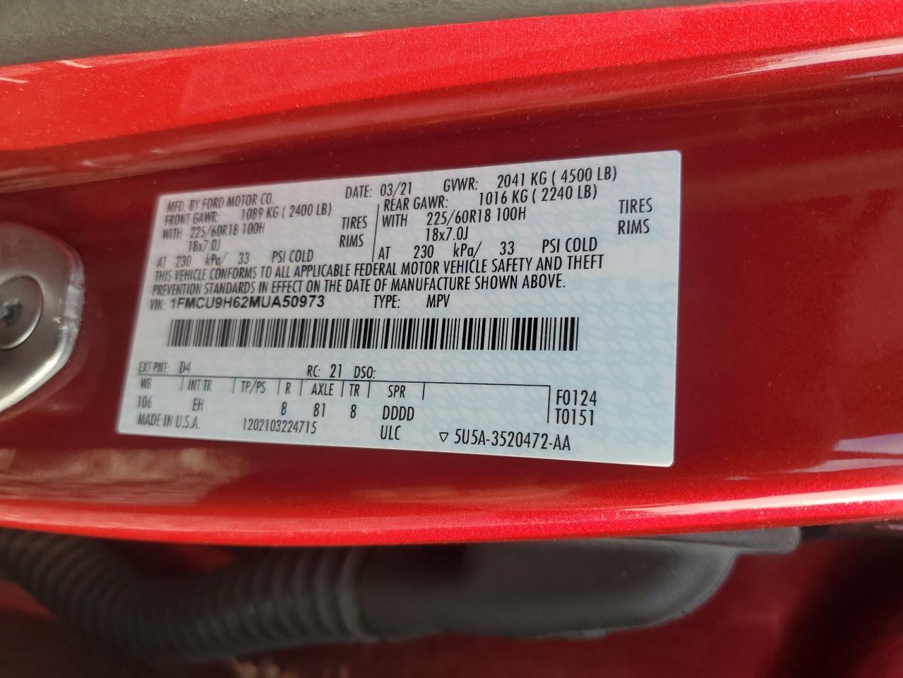 2021 Ford Escape Sel VIN: 1FMCU9H62MUA50973 Lot: 71432825