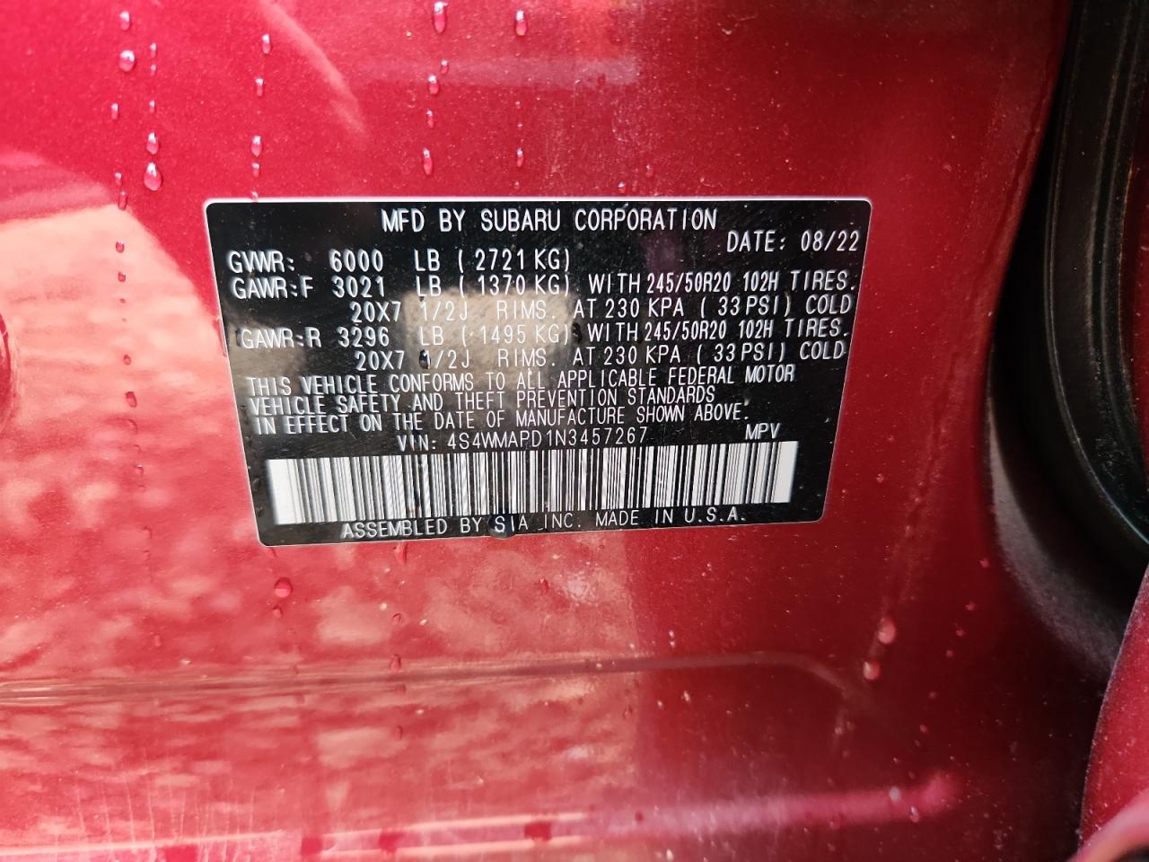 2022 Subaru Ascent Limited VIN: 4S4WMAPD1N3457267 Lot: 81642425