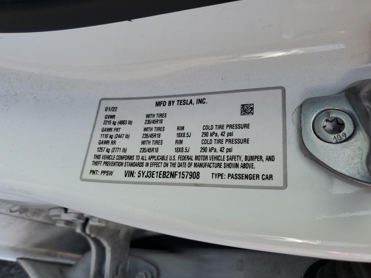 2022 Tesla Model 3 VIN: 5YJ3E1EB2NF157908 Lot: 81382085