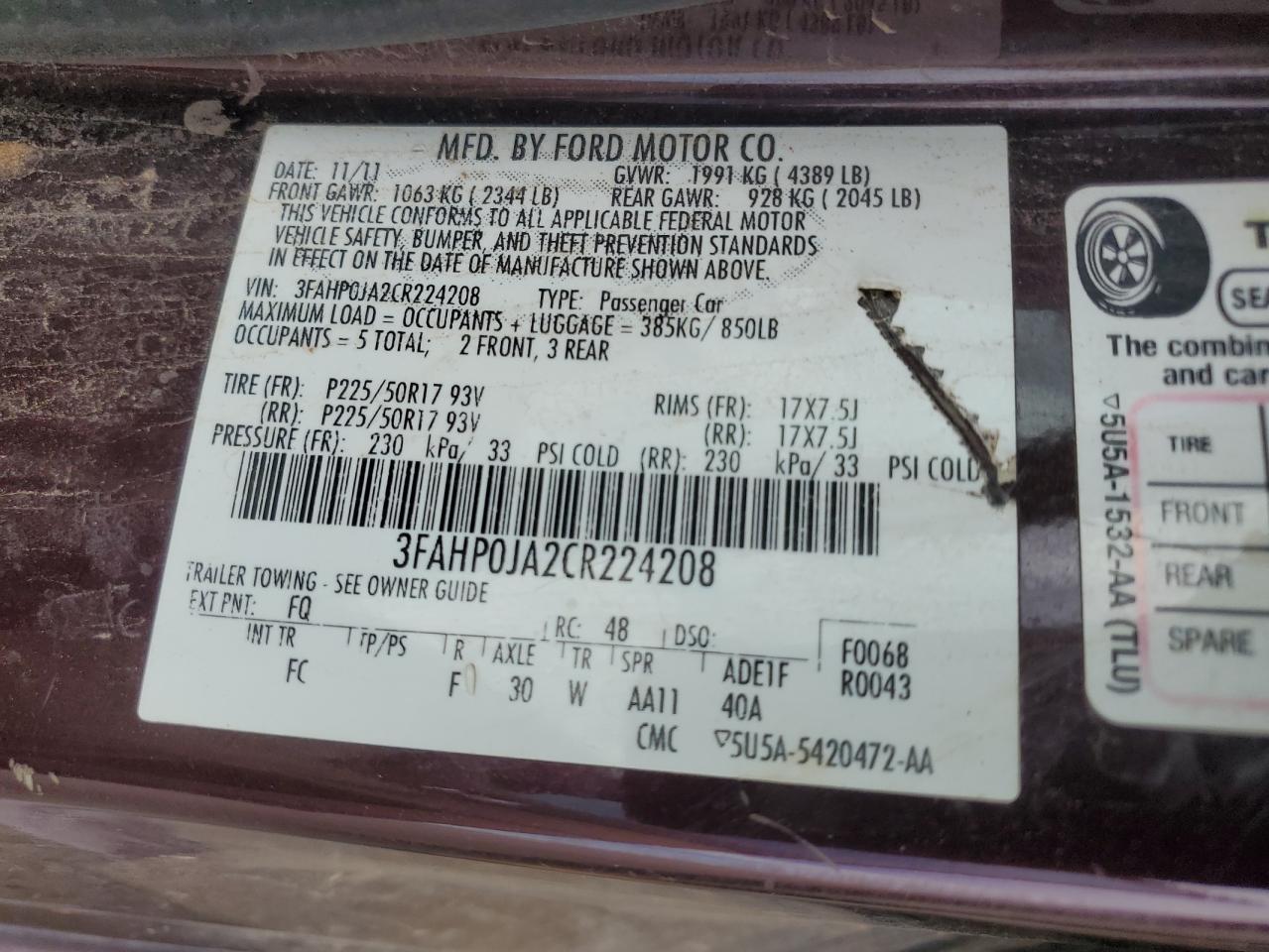 2012 Ford Fusion Sel VIN: 3FAHP0JA2CR224208 Lot: 70708305