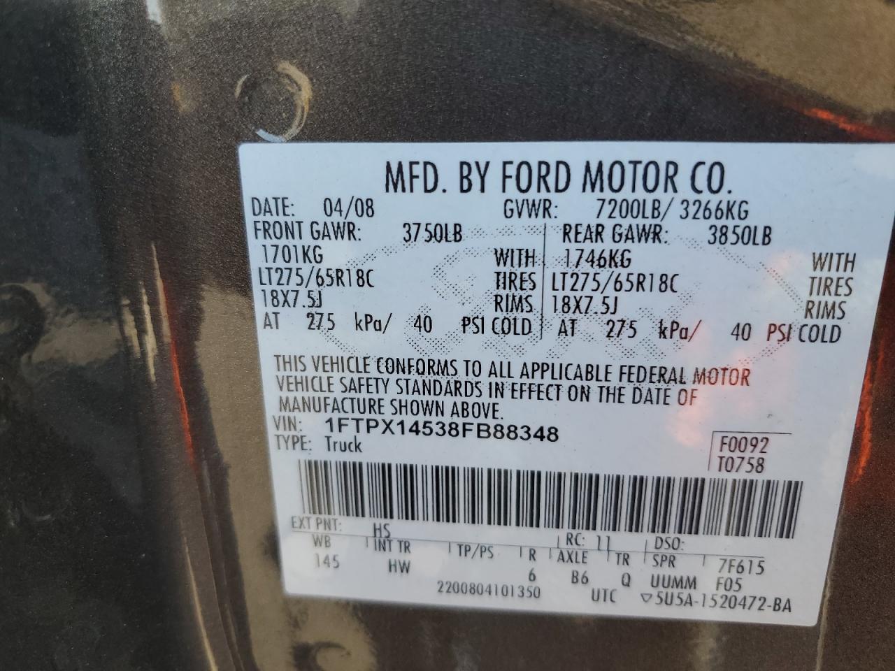 2008 Ford F150 VIN: 1FTPX14538FB88348 Lot: 80354385