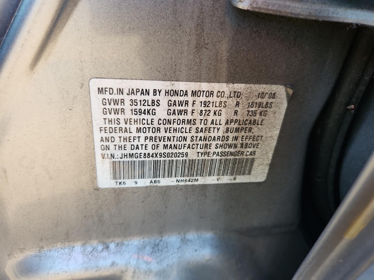 2009 Honda Fit Sport VIN: JHMGE884X9S020259 Lot: 81111025