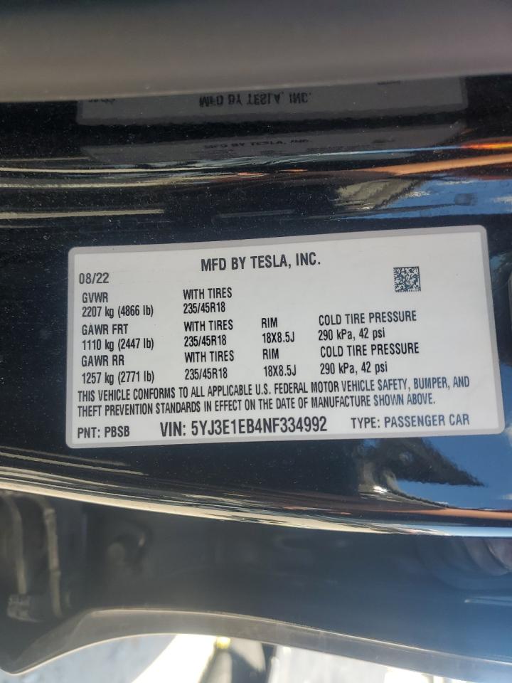 2022 Tesla Model 3 VIN: 5YJ3E1EB4NF334992 Lot: 70976085