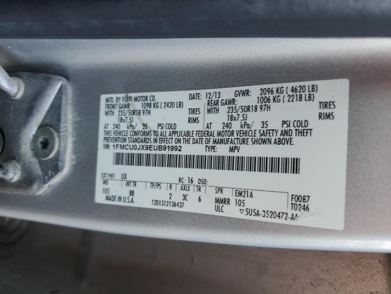 2014 Ford Escape Titanium VIN: 1FMCU0JX9EUB91992 Lot: 81113855