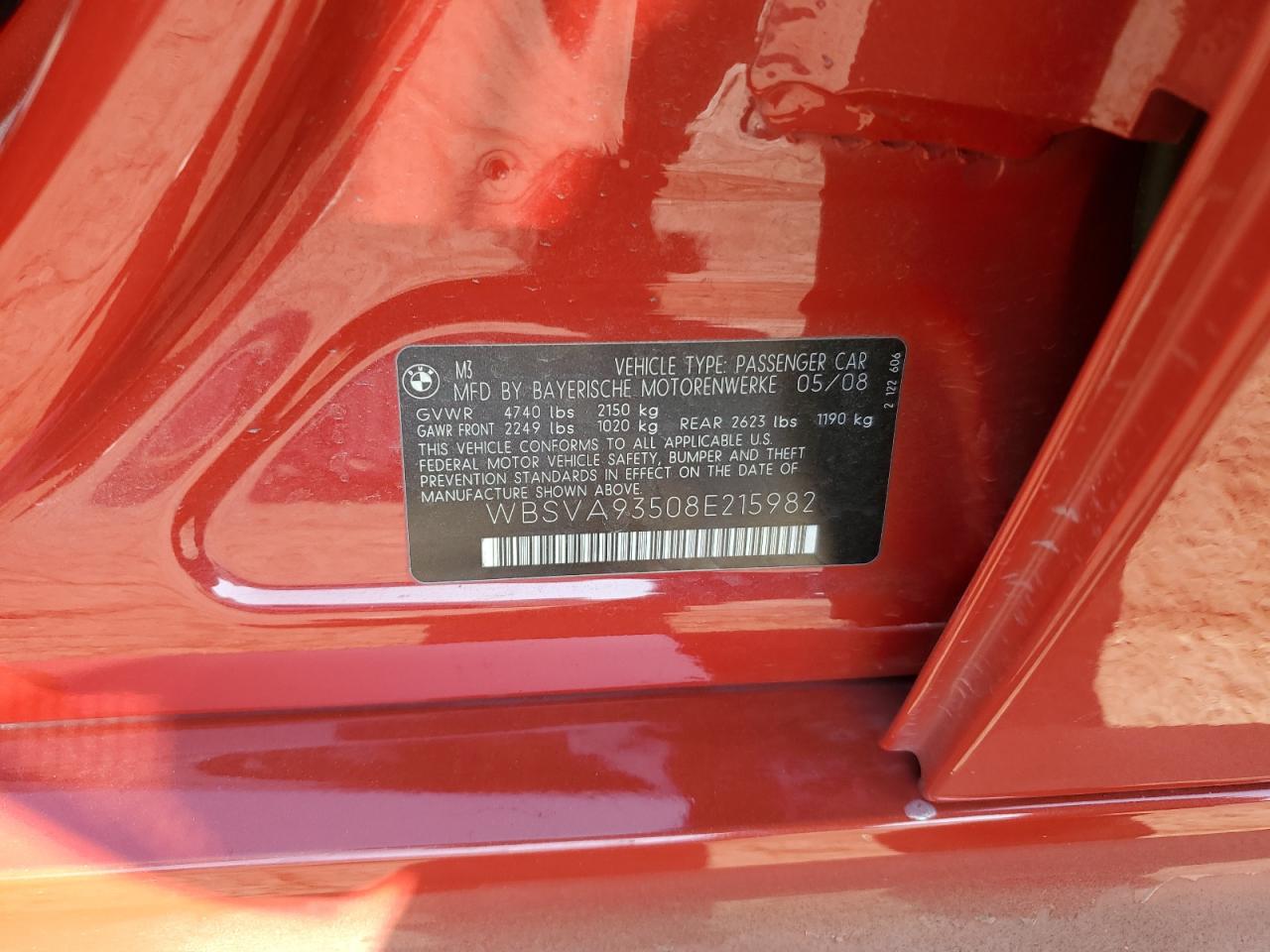 2008 BMW M3 VIN: WBSVA93508E215982 Lot: 80516645