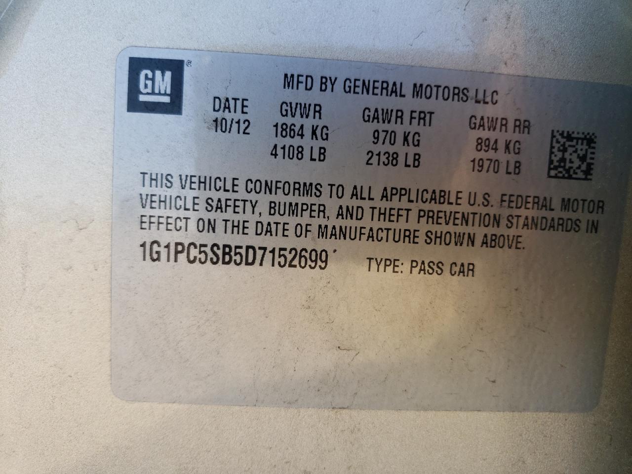 2013 Chevrolet Cruze Lt VIN: 1G1PC5SB5D7152699 Lot: 81738015