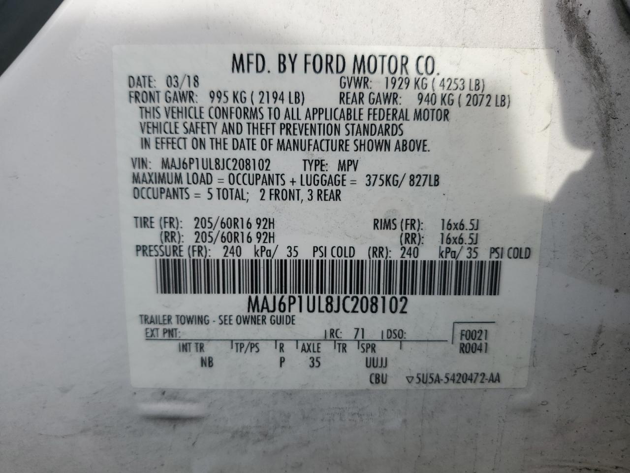2018 Ford Ecosport Se VIN: MAJ6P1UL8JC208102 Lot: 81793775