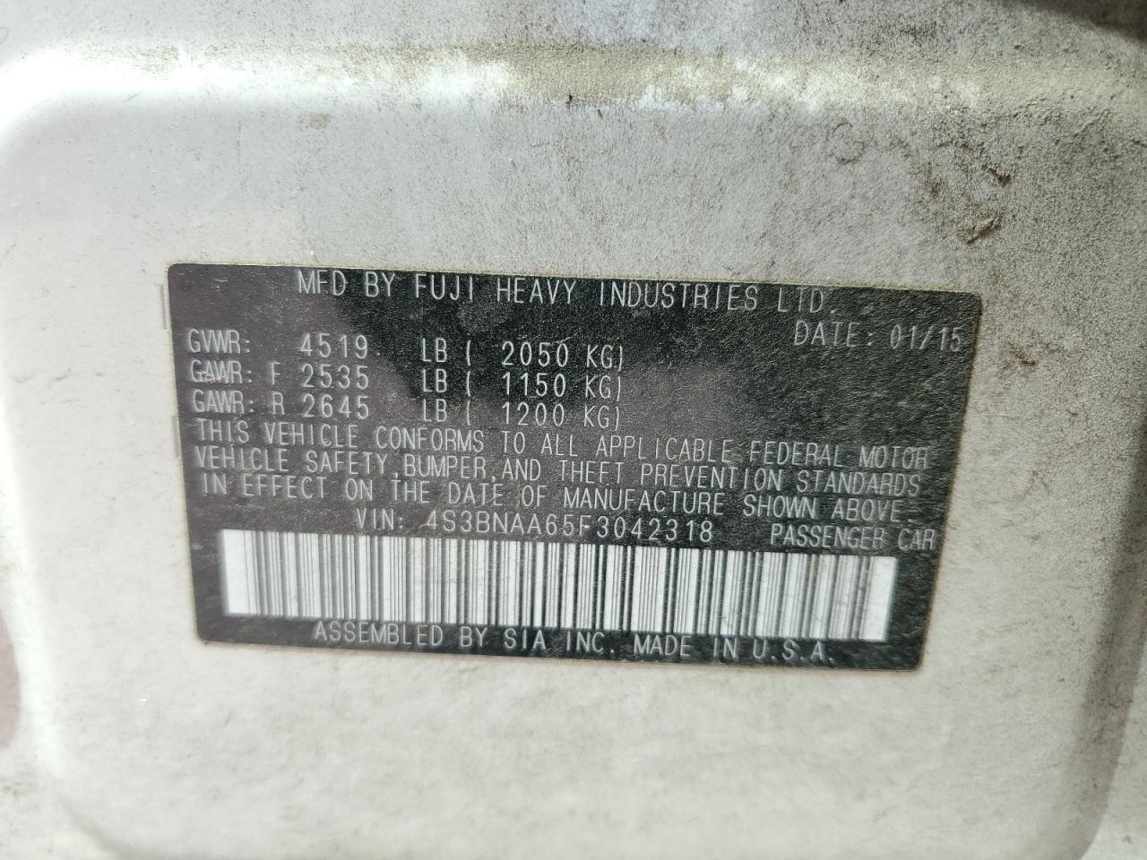 2015 Subaru Legacy 2.5I VIN: 4S3BNAA65F3042318 Lot: 81658445