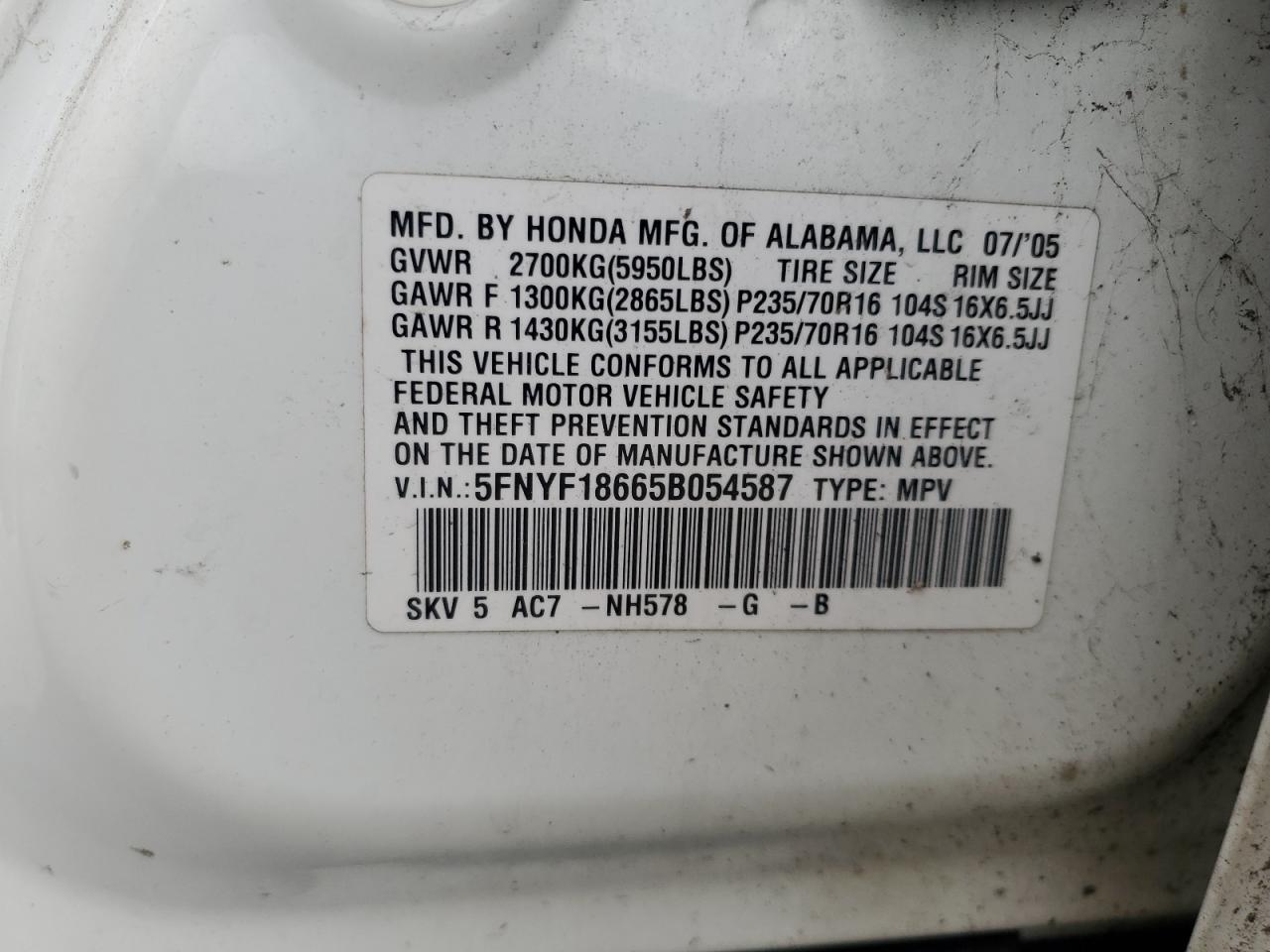 2005 Honda Pilot Exl VIN: 5FNYF18665B054587 Lot: 80207045