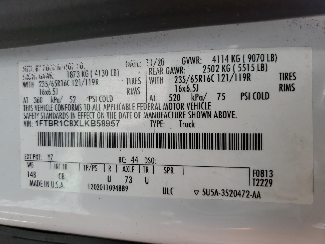 2020 Ford Transit T-250 VIN: 1FTBR1C8XLKB58957 Lot: 82148295