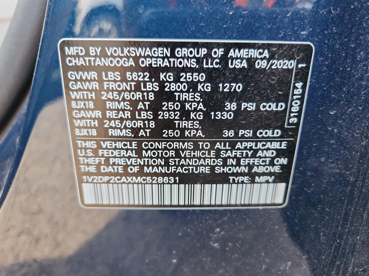 2021 Volkswagen Atlas Se VIN: 1V2DP2CAXMC528631 Lot: 81306825