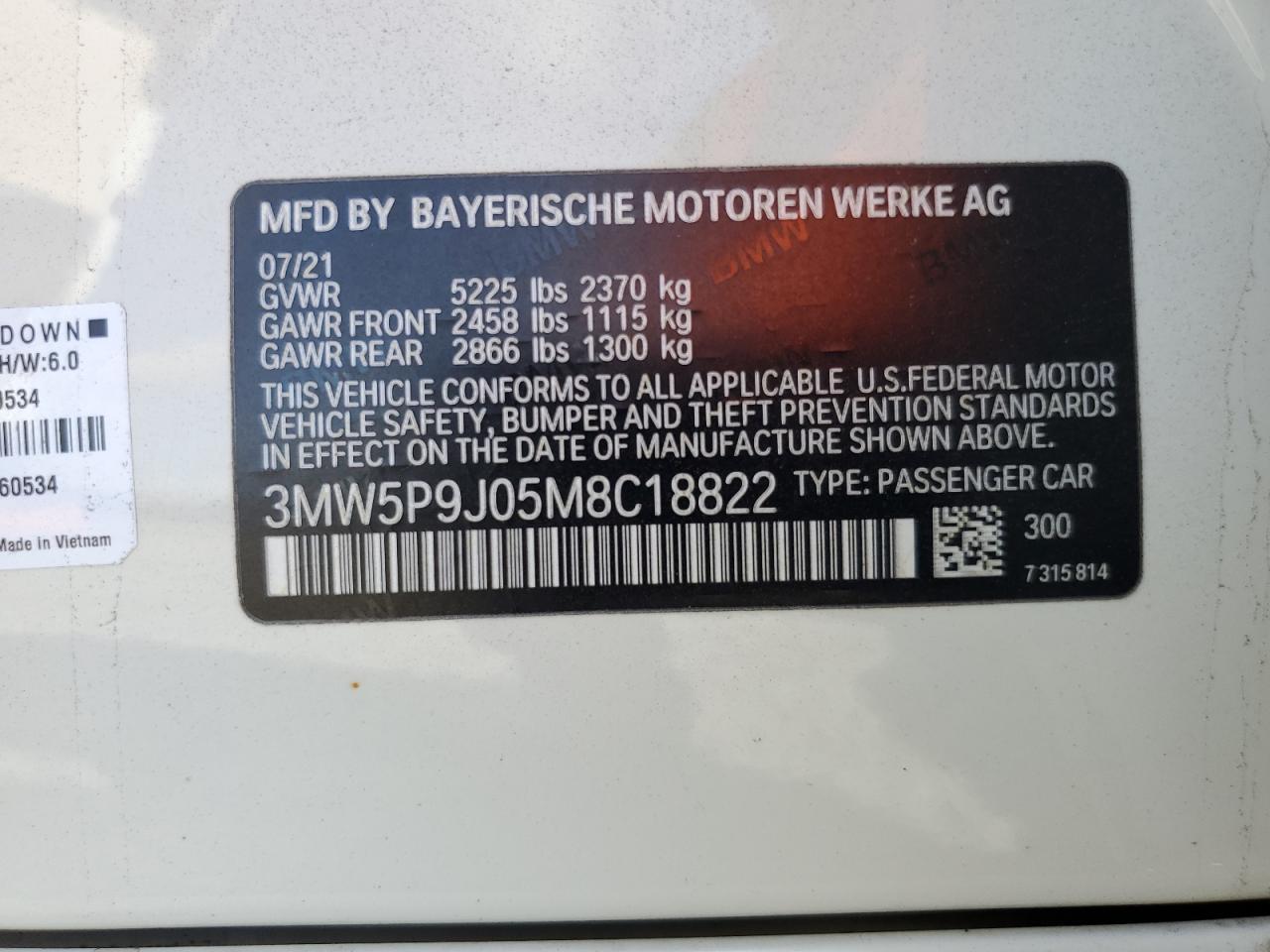 2021 BMW 330Xe VIN: 3MW5P9J05M8C18822 Lot: 82063015