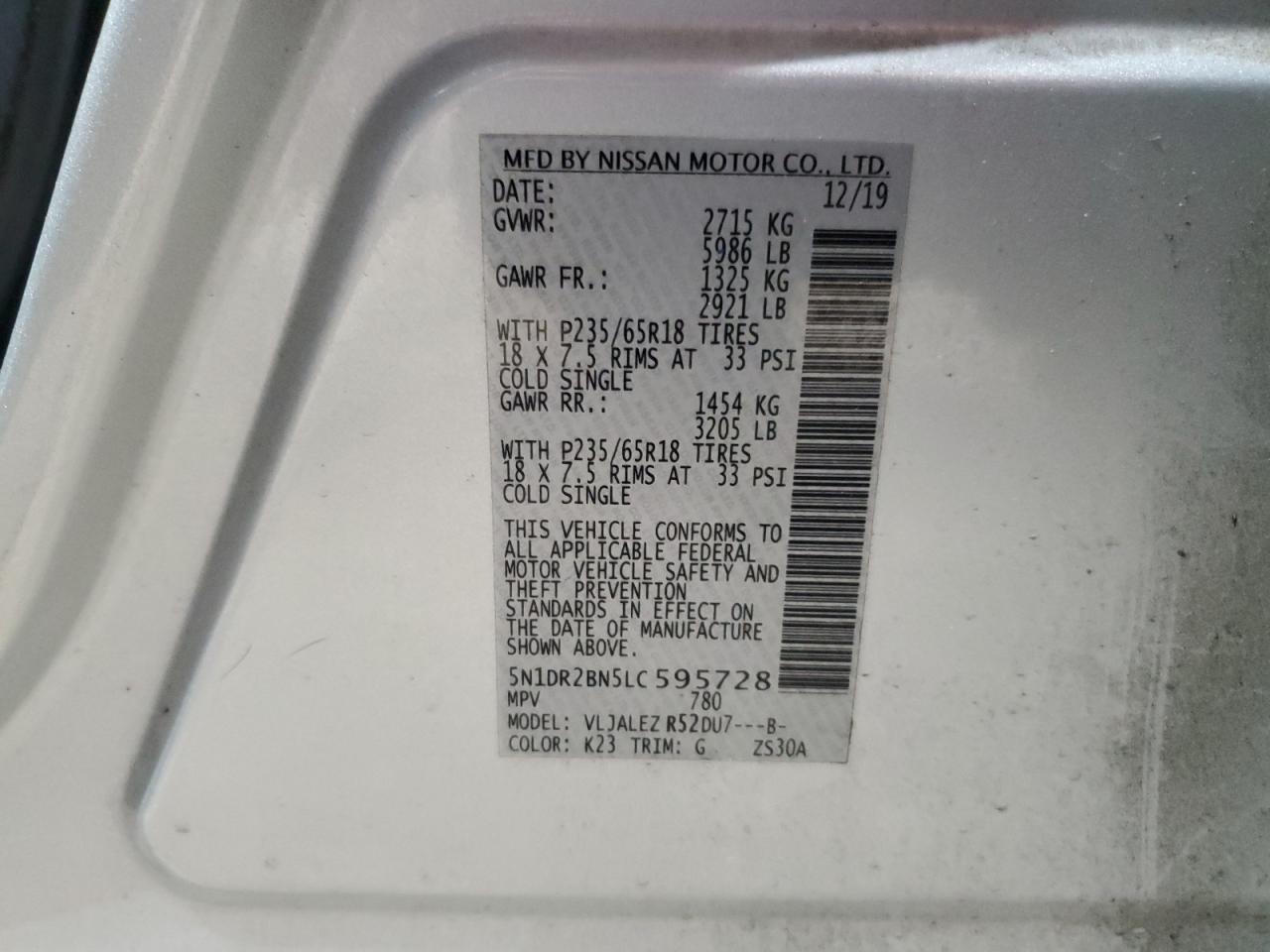 2020 Nissan Pathfinder Sv VIN: 5N1DR2BN5LC595728 Lot: 82165605