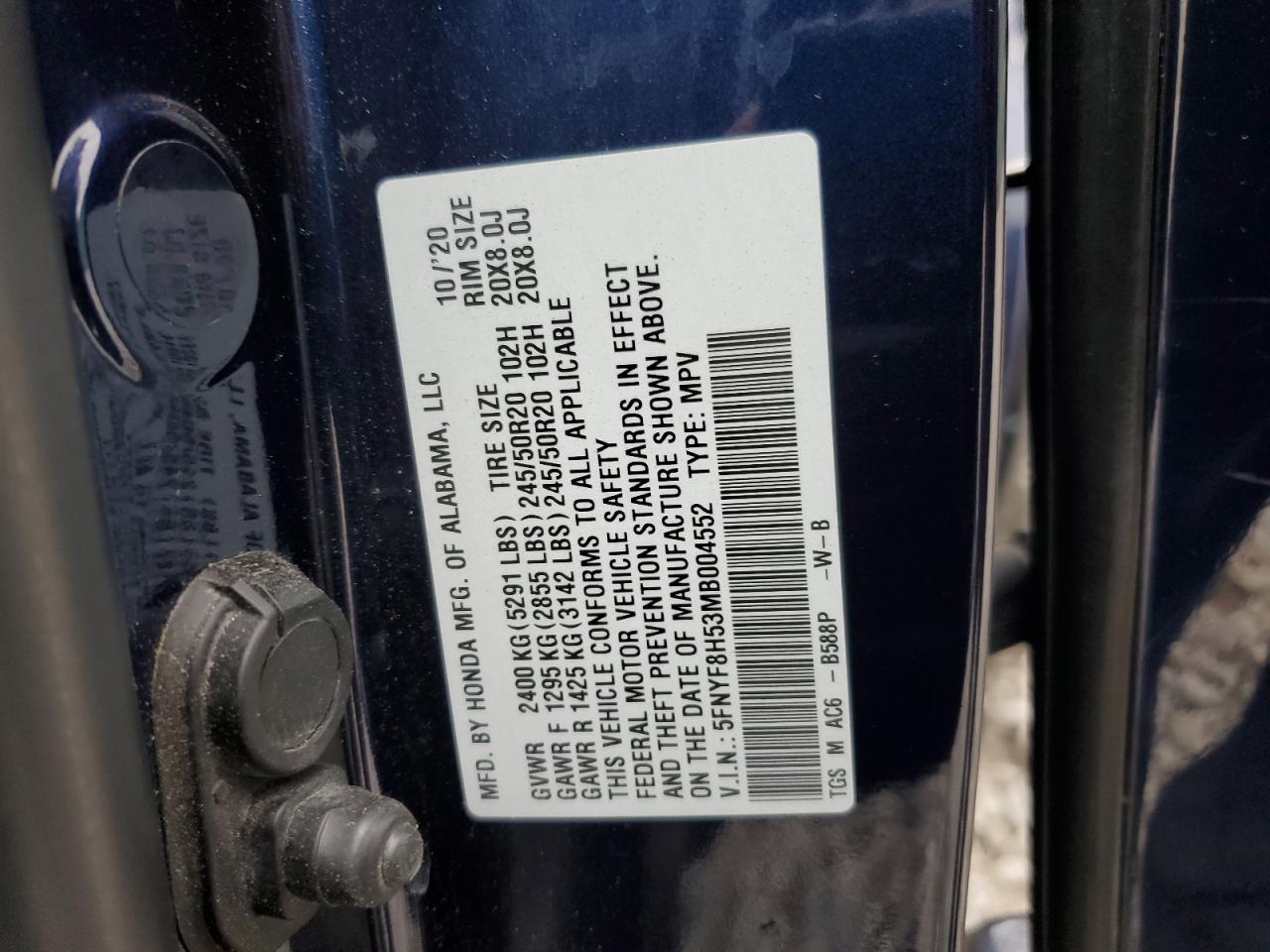 2021 Honda Passport Exl VIN: 5FNYF8H53MB004552 Lot: 70690565