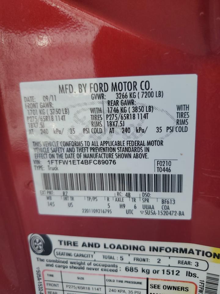 2011 Ford F150 Supercrew VIN: 1FTFW1ET4BFC89076 Lot: 80128085