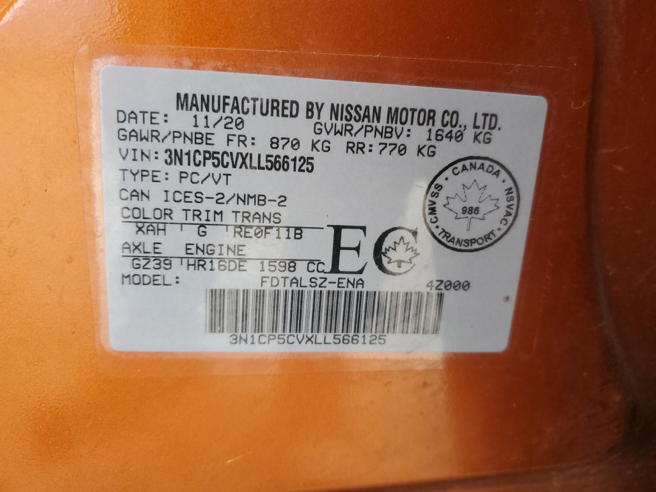 2020 Nissan Kicks Sv VIN: 3N1CP5CVXLL566125 Lot: 81606545