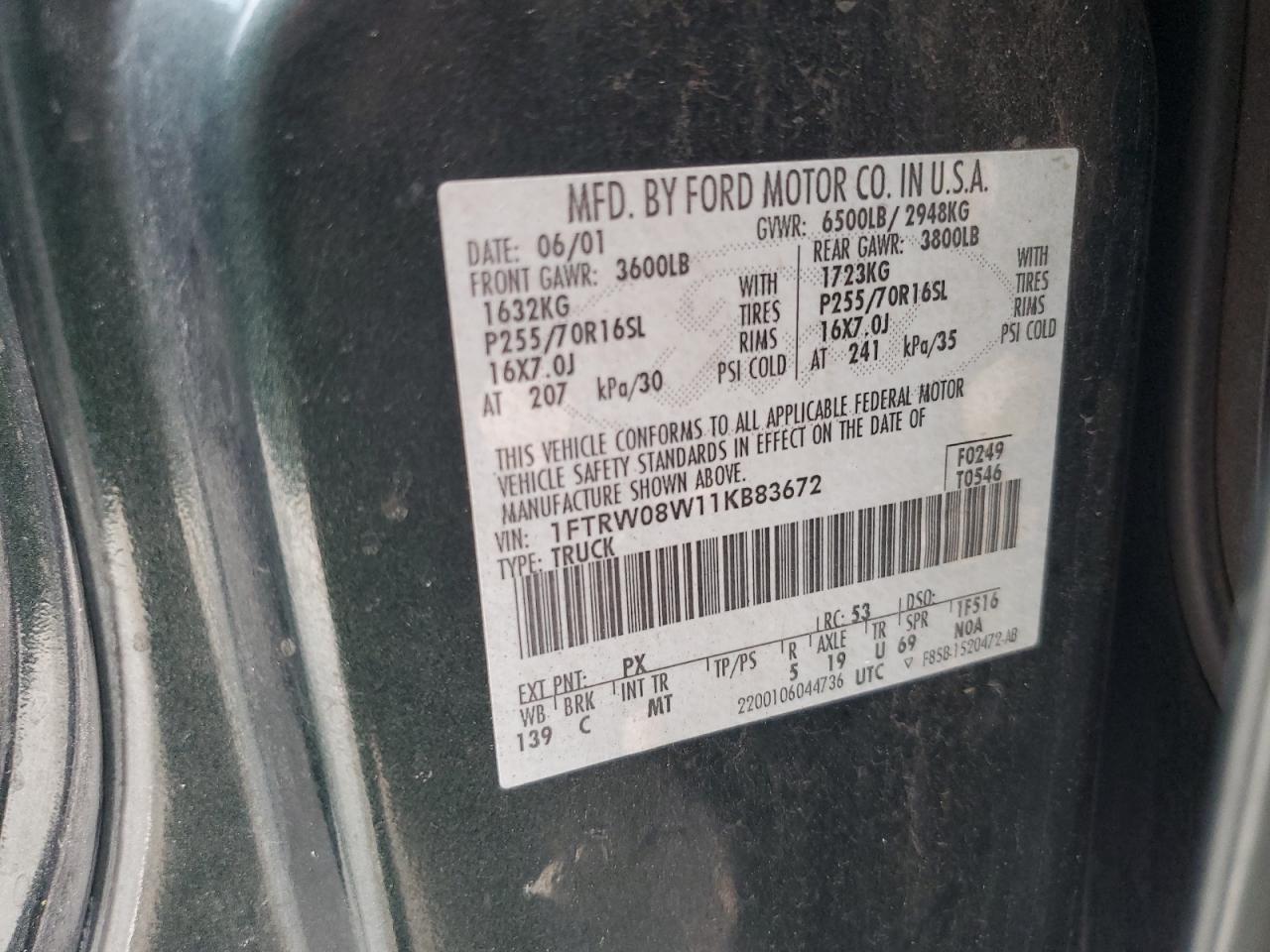 2001 Ford F150 Supercrew VIN: 1FTRW08W11KB83672 Lot: 71953905