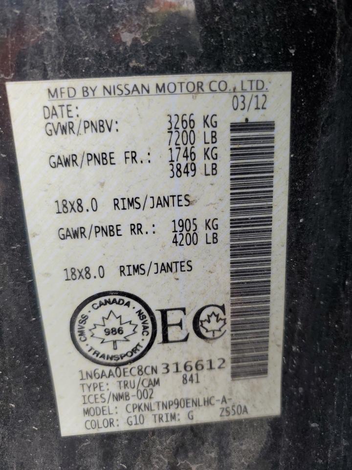 2012 Nissan Titan S VIN: 1N6AA0EC8CN316612 Lot: 71688595