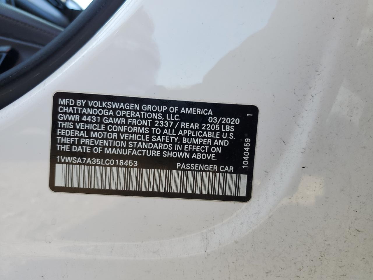 2020 Volkswagen Passat Se VIN: 1VWSA7A35LC018453 Lot: 80687935