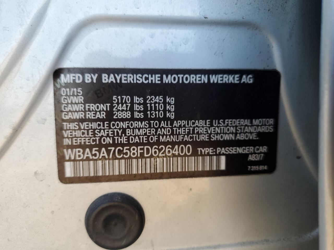 2015 BMW 528 Xi VIN: WBA5A7C58FD626400 Lot: 81847975