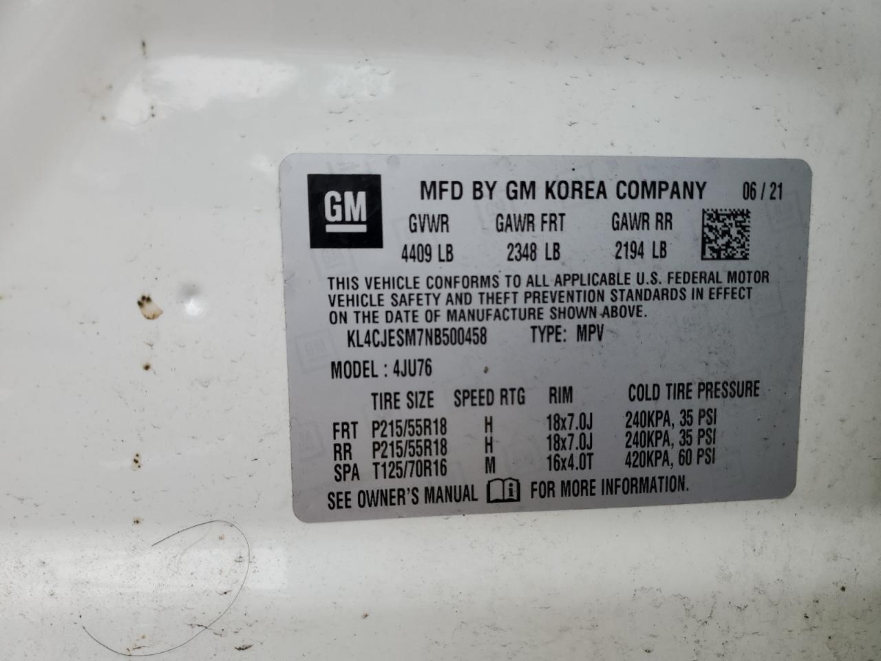 2022 Buick Encore Preferred VIN: KL4CJESM7NB500458 Lot: 70363705