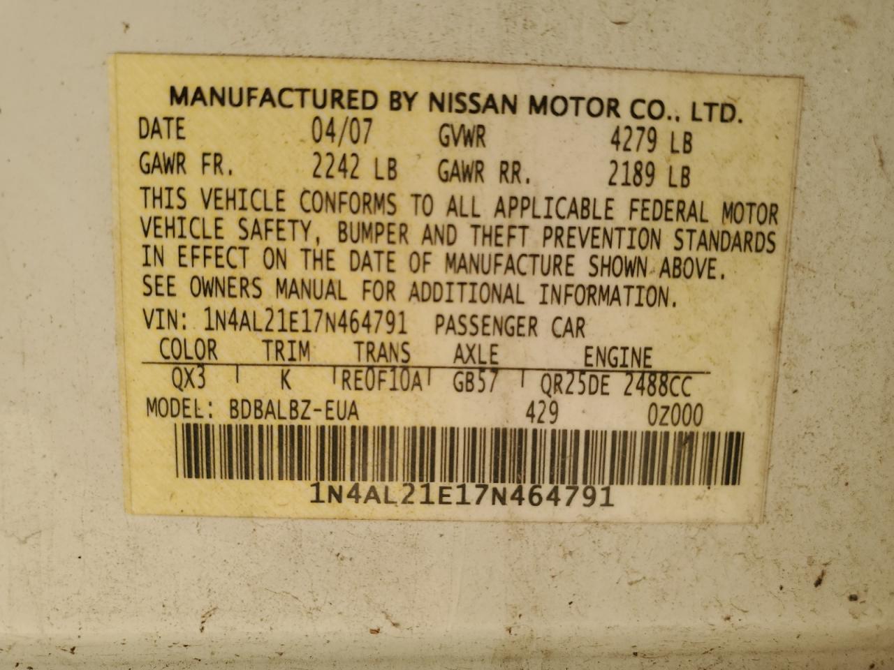 2007 Nissan Altima 2.5 VIN: 1N4AL21E17N464791 Lot: 81343285