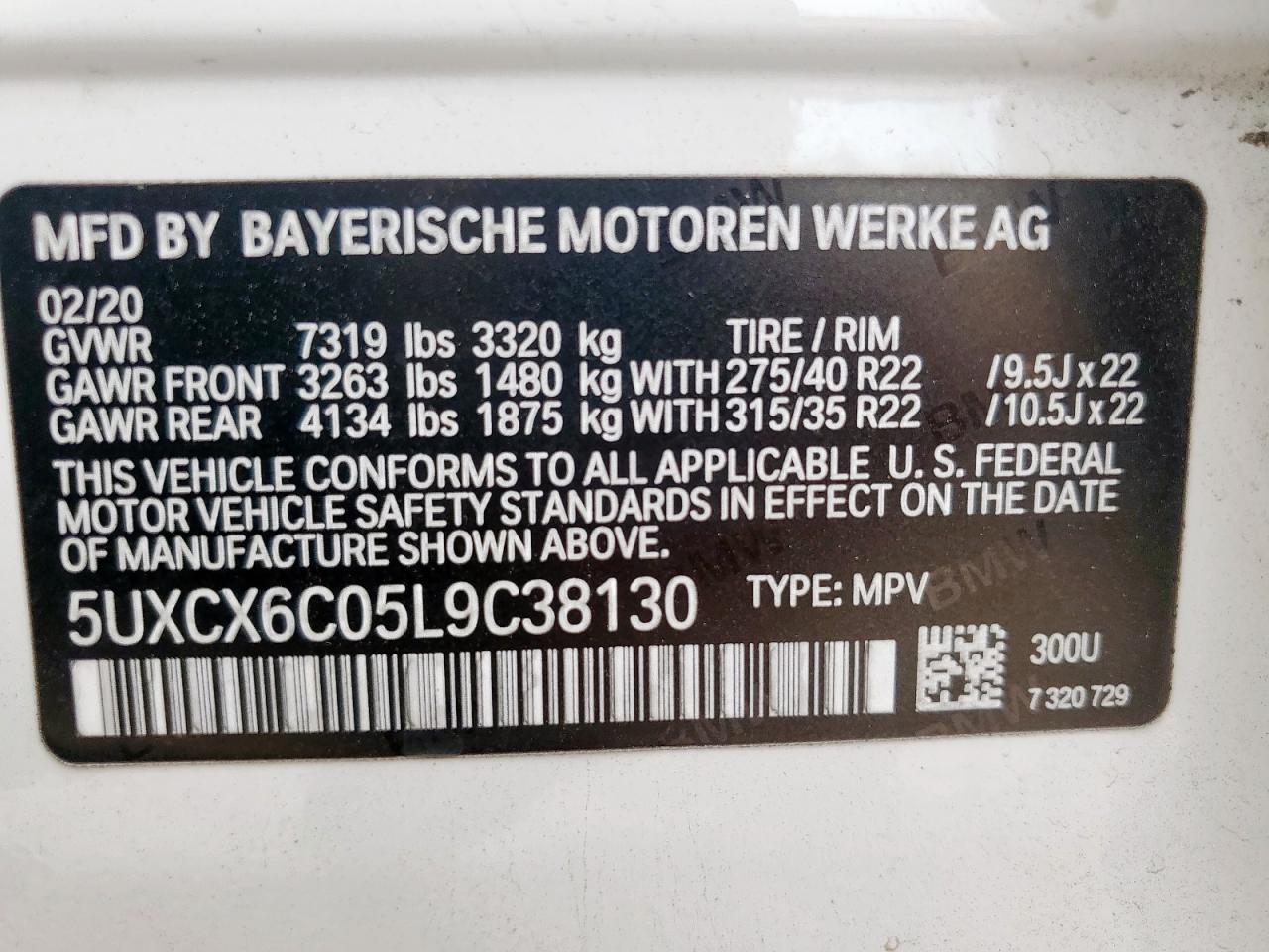 2020 BMW X7 M50I VIN: 5UXCX6C05L9C38130 Lot: 71829275