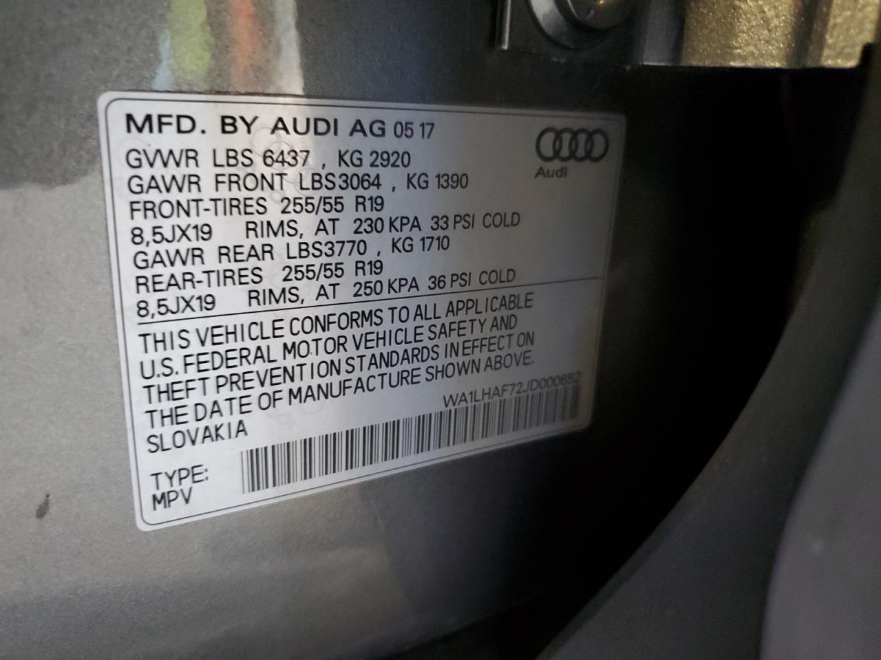 2018 Audi Q7 Premium Plus VIN: WA1LHAF72JD000652 Lot: 83949875