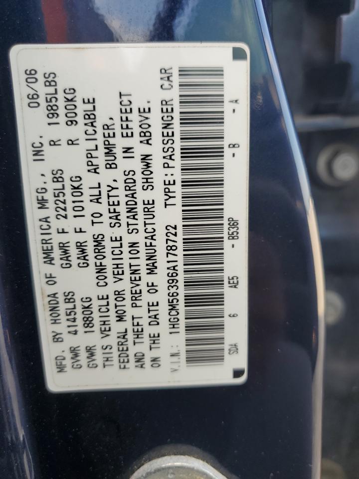 2006 Honda Accord Se VIN: 1HGCM56396A178722 Lot: 71165285