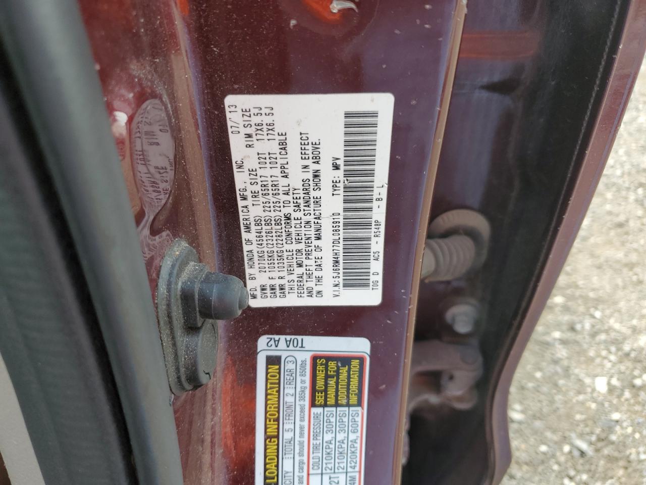 2013 Honda Cr-V Exl VIN: 5J6RM4H77DL085910 Lot: 80619845