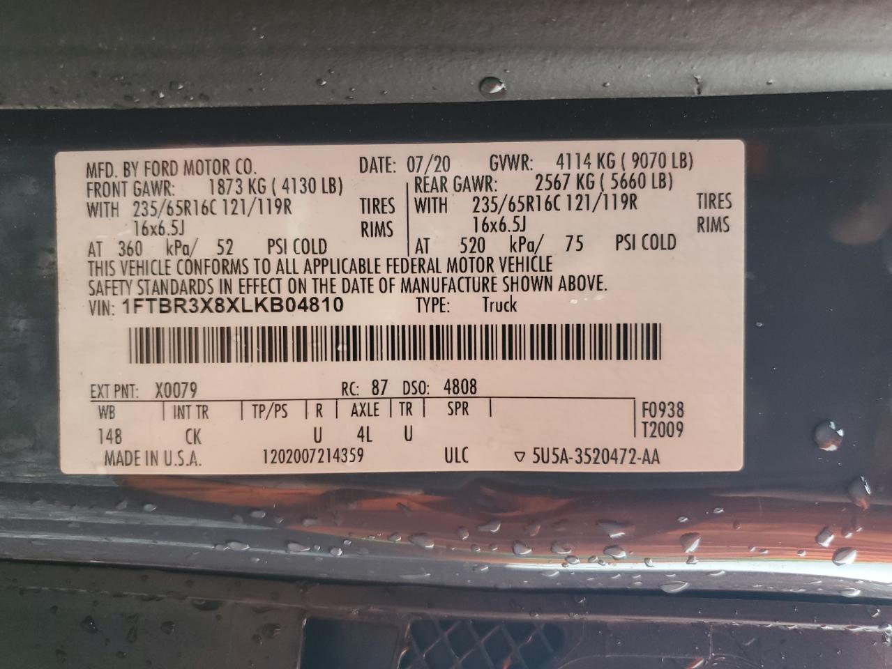 2020 Ford Transit T-250 VIN: 1FTBR3X8XLKB04810 Lot: 72027425