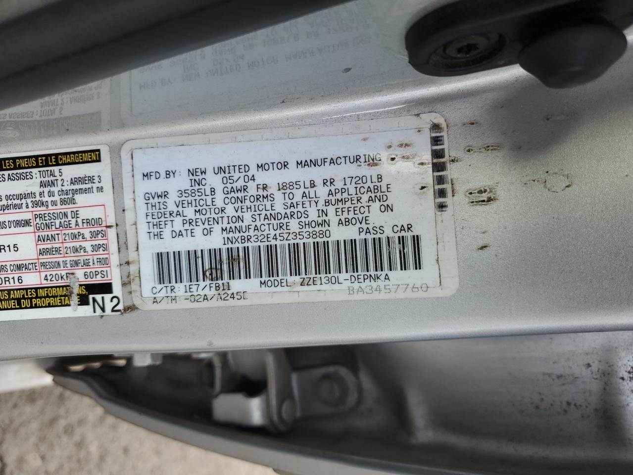 2005 Toyota Corolla Ce VIN: 1NXBR32E45Z353880 Lot: 80572005