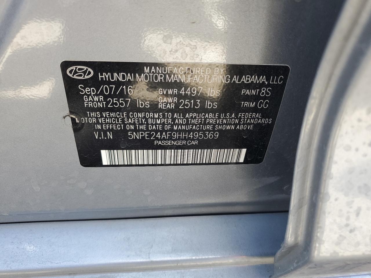 2017 Hyundai Sonata Se VIN: 5NPE24AF9HH495369 Lot: 80747455