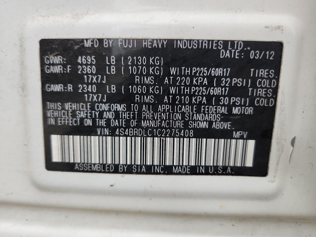 2012 Subaru Outback 3.6R Limited VIN: 4S4BRDLC1C2275408 Lot: 72085055