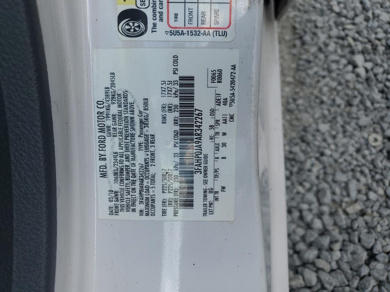 2010 Ford Fusion Sel VIN: 3FAHP0JA9AR342267 Lot: 71098215