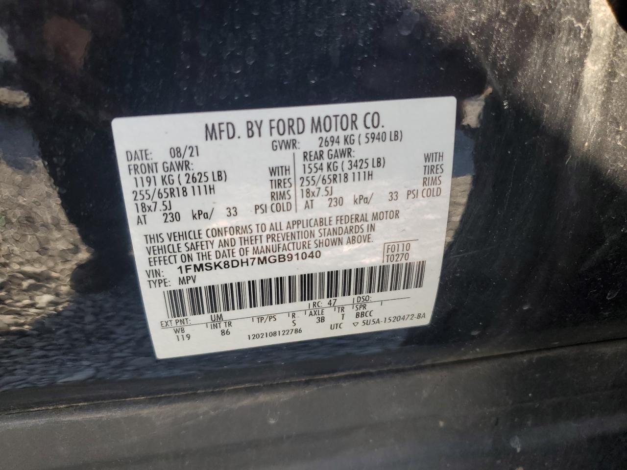 2021 Ford Explorer Xlt VIN: 1FMSK8DH7MGB91040 Lot: 84262275