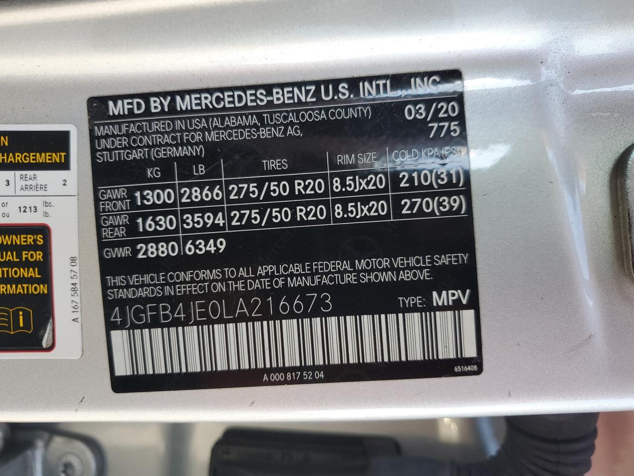 2020 Mercedes-Benz Gle 350 VIN: 4JGFB4JE0LA216673 Lot: 81661845