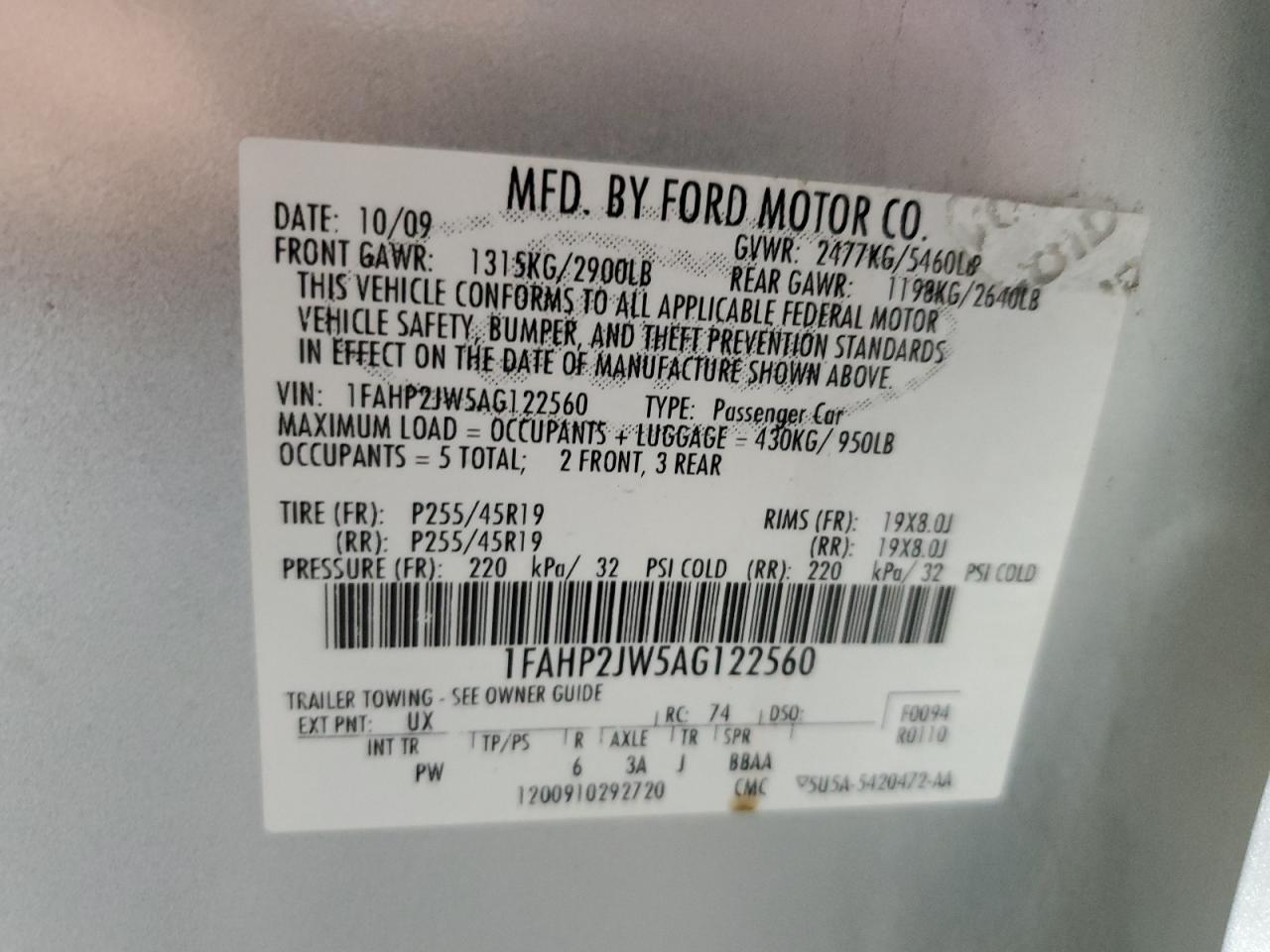 2010 Ford Taurus Limited VIN: 1FAHP2JW5AG122560 Lot: 81965285