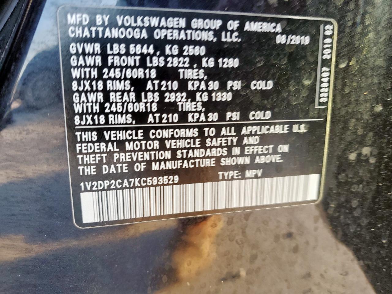 2019 Volkswagen Atlas Se VIN: 1V2DP2CA7KC593529 Lot: 83947245