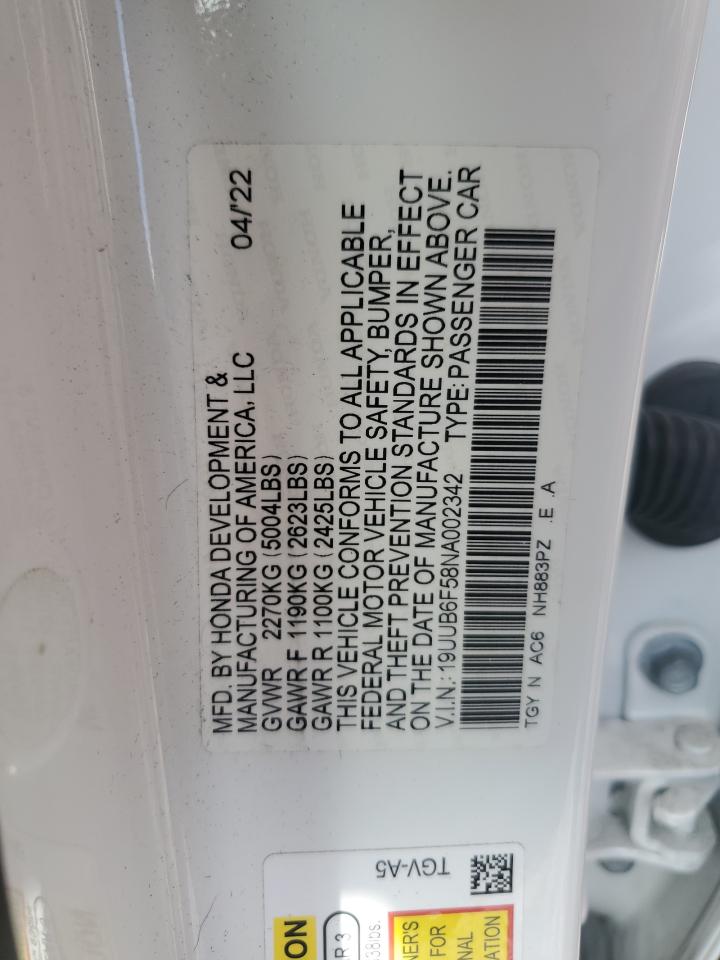 2022 Acura Tlx Tech A VIN: 19UUB6F58NA002342 Lot: 84001695
