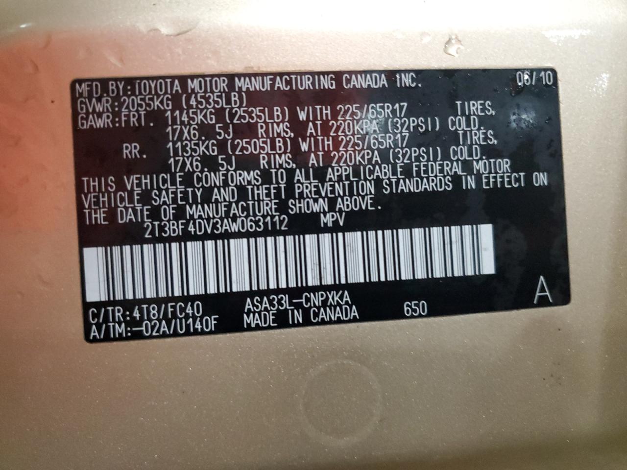 2010 Toyota Rav4 VIN: 2T3BF4DV3AW063112 Lot: 84833725