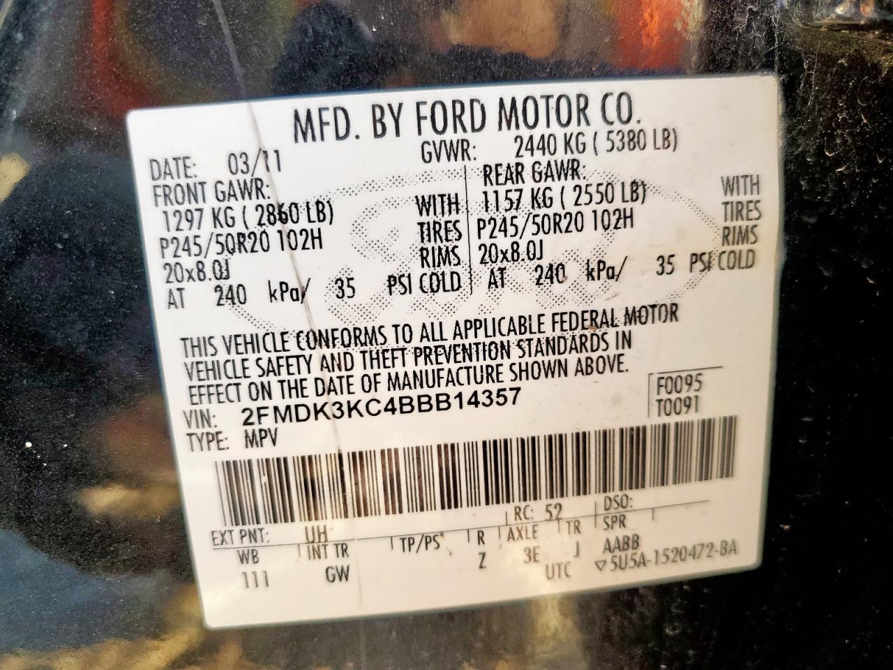 2011 Ford Edge Limited VIN: 2FMDK3KC4BBB14357 Lot: 81601245