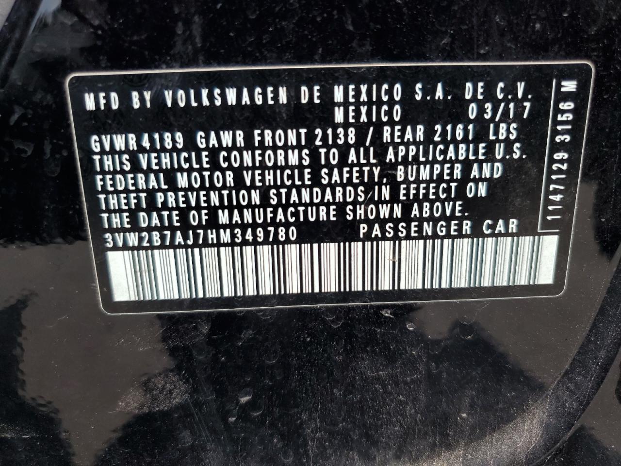 2017 Volkswagen Jetta S VIN: 3VW2B7AJ7HM349780 Lot: 71279065